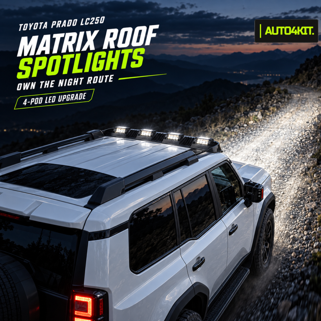 Toyota Prado LC250 with a four-pod matrix LED roof-light assembly illustrated at night