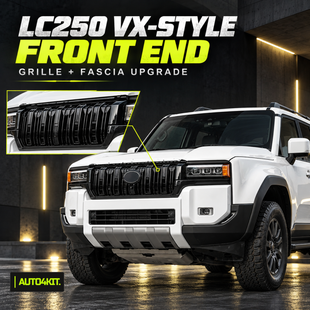 Reference view of the LC250 VX-style front grille and fascia upgrade on a white SUV.
