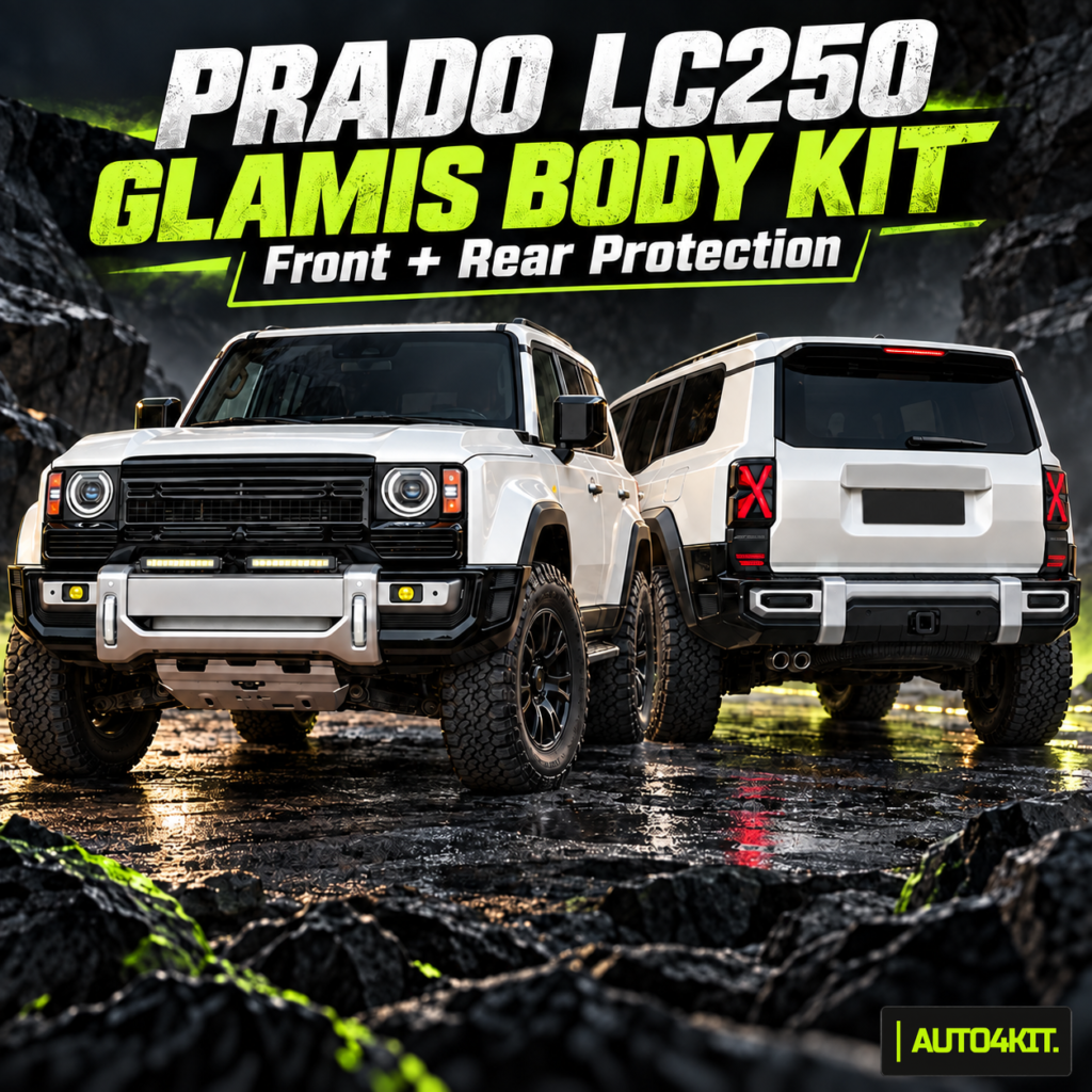 Glamis front and rear body kit promotional image with front and rear exterior views, labeled for Prado LC250 2024–2026.