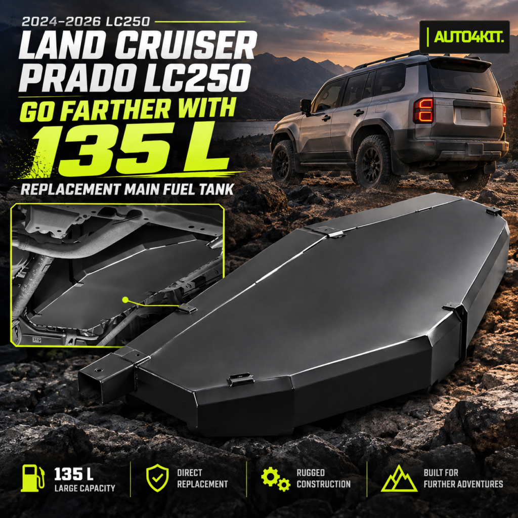 135 L replacement main fuel tank listed for the Toyota Prado LC250 (2024–2026), shown with an underbody-position inset.