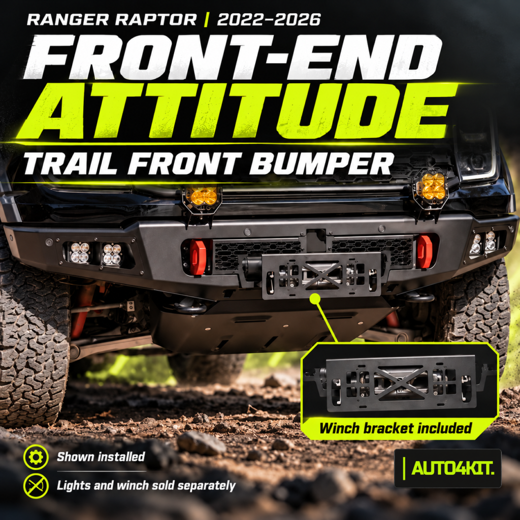 Trail front bumper shown installed on a Ford Ranger Raptor with separately selected lights and winch