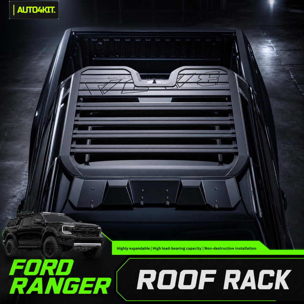 BAJA roof platform with slatted deck and front wind deflector on a Ford Ranger