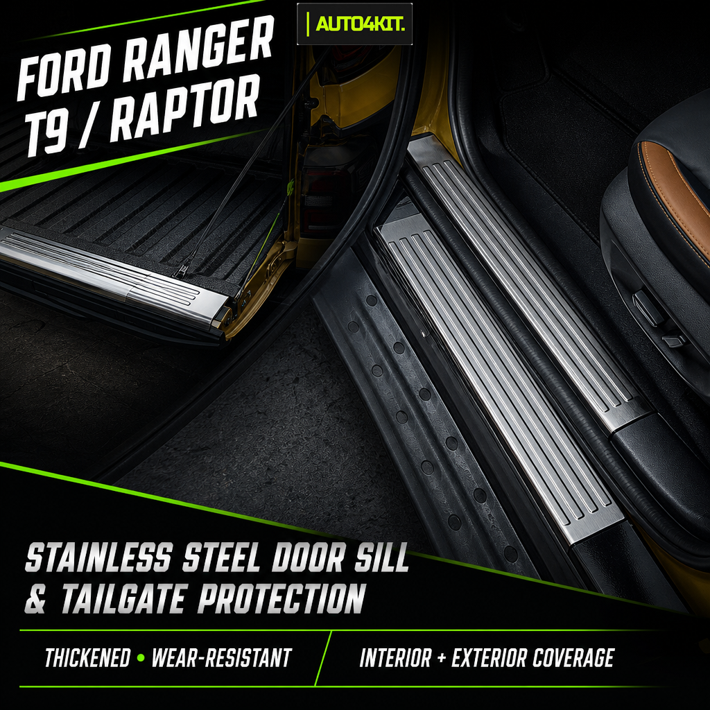 Promotional image showing stainless steel door sill and tailgate protection pieces, with Ford Ranger T9 / Raptor text.