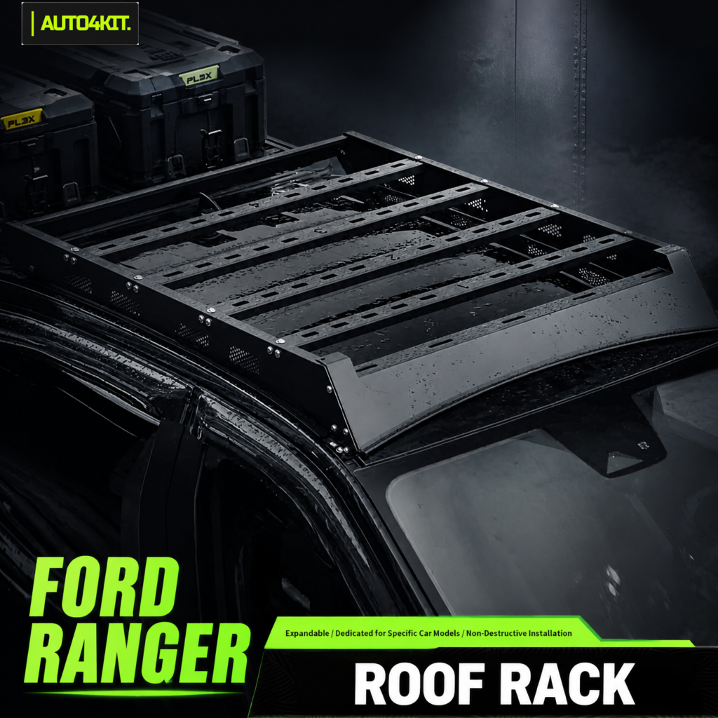 Ford Ranger roof cargo platform with a black slotted deck, shown mounted on the pickup roof.