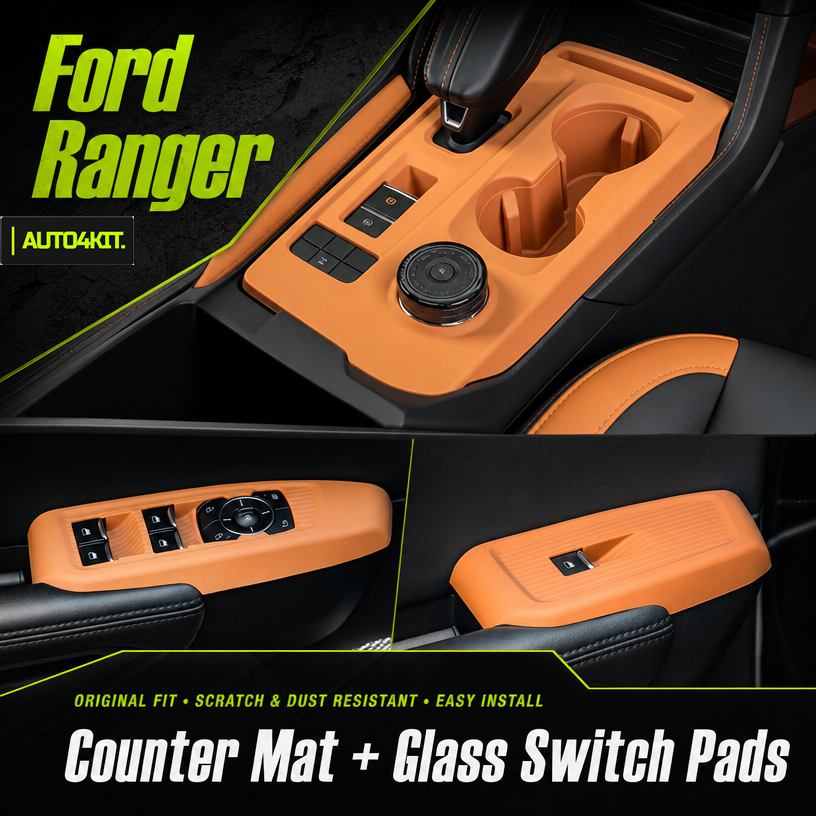 Orange silicone center-console pad and door switch pads shown in a Ford Ranger interior.