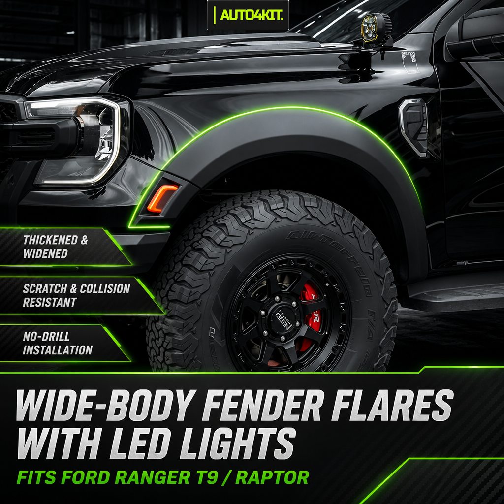 Ford Ranger front wheel arch with a black wide fender flare and amber light