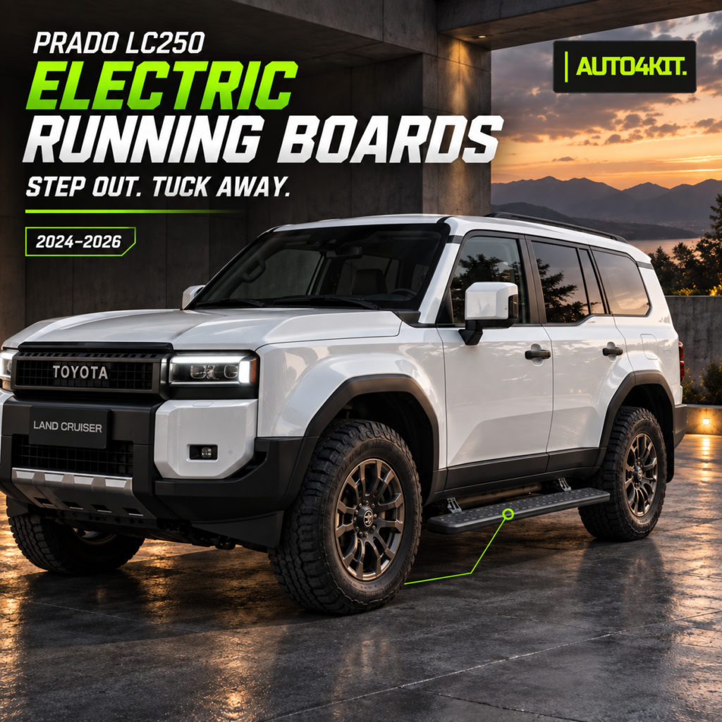 Toyota Prado LC250 with black electric retractable running boards installed