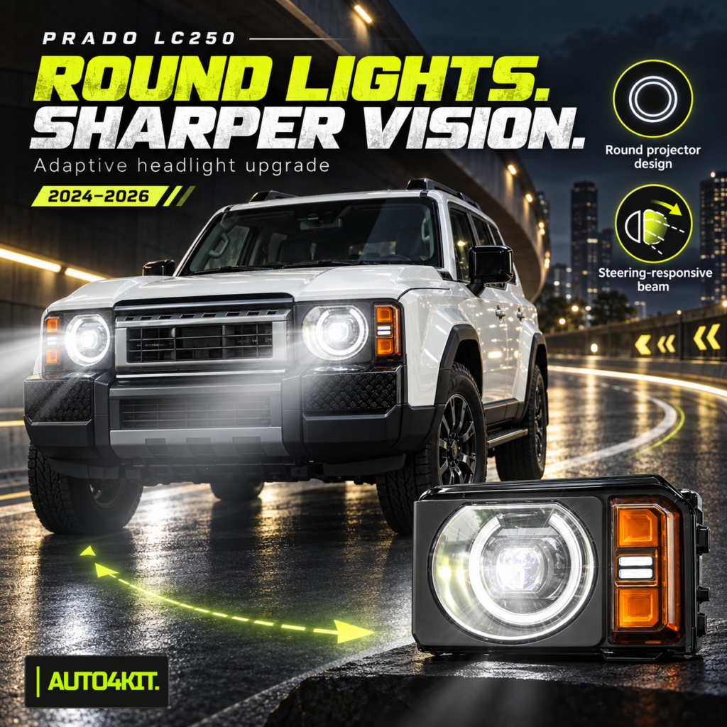 Toyota Prado LC250 shown with round-style headlight assemblies.