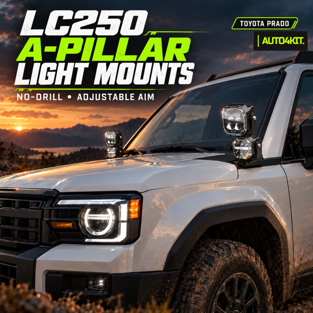 Toyota Prado LC250 with A-pillar auxiliary spotlights mounted beside the windshield.