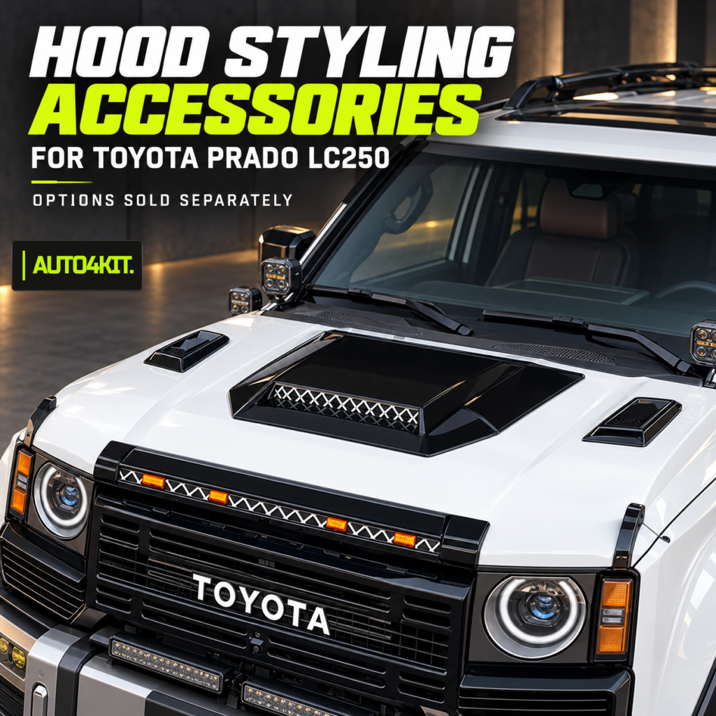 Toyota Prado LC250 hood styling accessories, overview of four separately sold options.
