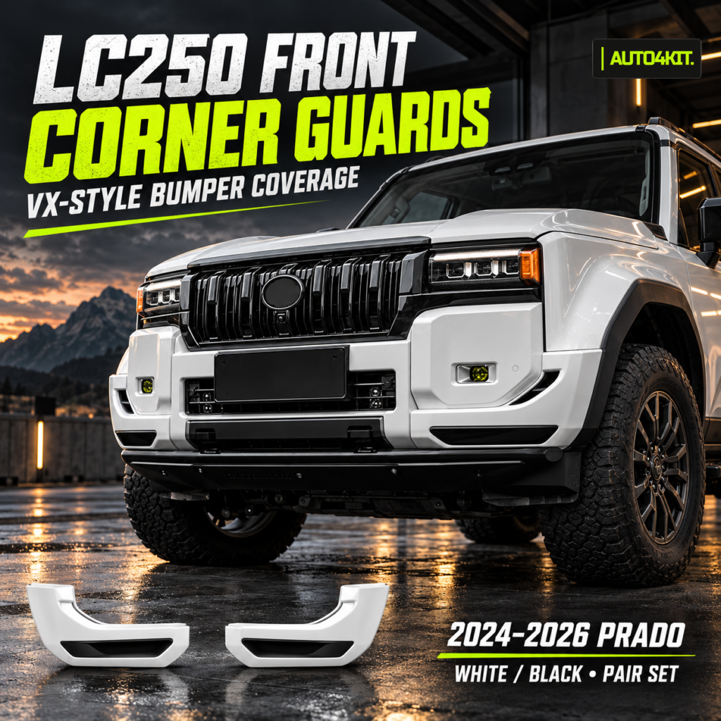 Toyota Prado LC250 with a matched pair of white VX-style front bumper corner guards
