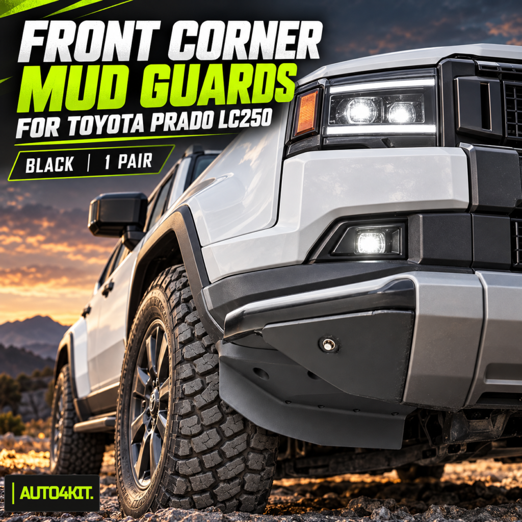 Black front bumper corner mud guards for Toyota Prado LC250, shown as a left-and-right pair.