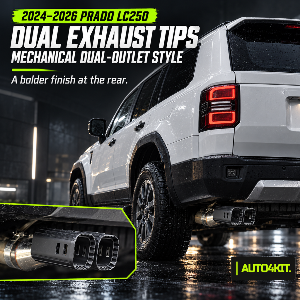 Toyota Prado LC250 rear three-quarter view with mechanical dual-outlet exhaust tip trim