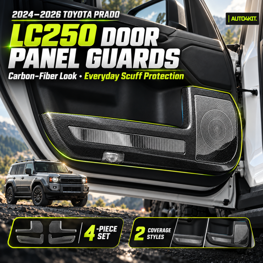 Toyota Prado LC250 carbon-fiber-look door panel guards for 2024–2026 models.