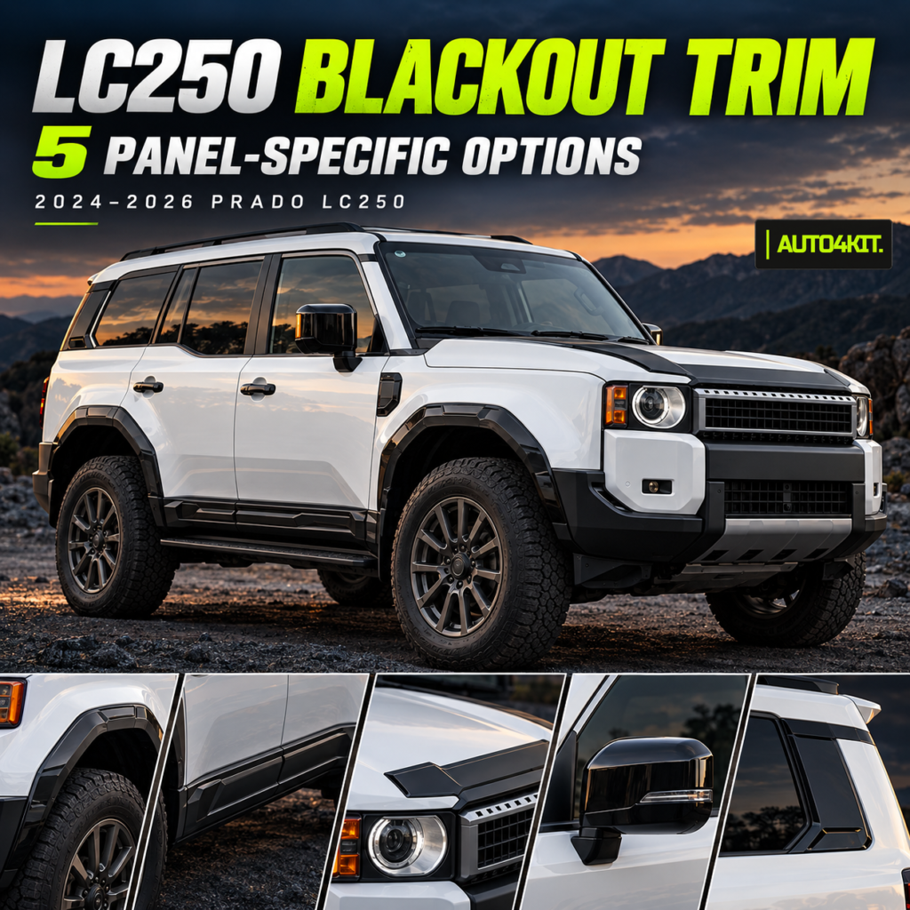 Toyota Prado LC250 shown with five separately selectable black exterior trim options for model years 2024–2026.