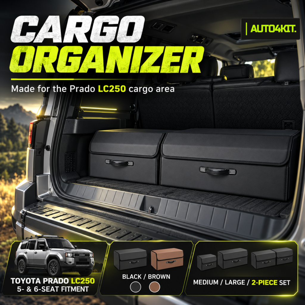 Black medium and large cargo organizer options in the Toyota Prado LC250 rear cargo area.