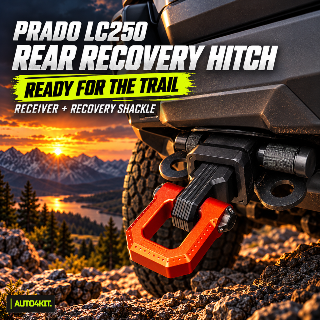Illustrative installed view of Toyota Prado LC250 rear recovery hitch options.