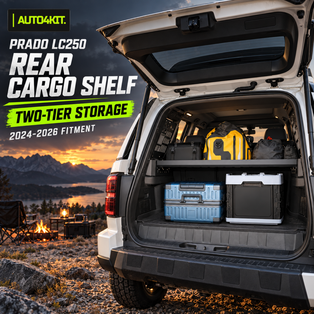 Toyota Prado LC250 rear cargo shelf installed in the trunk, creating two-tier cargo storage.