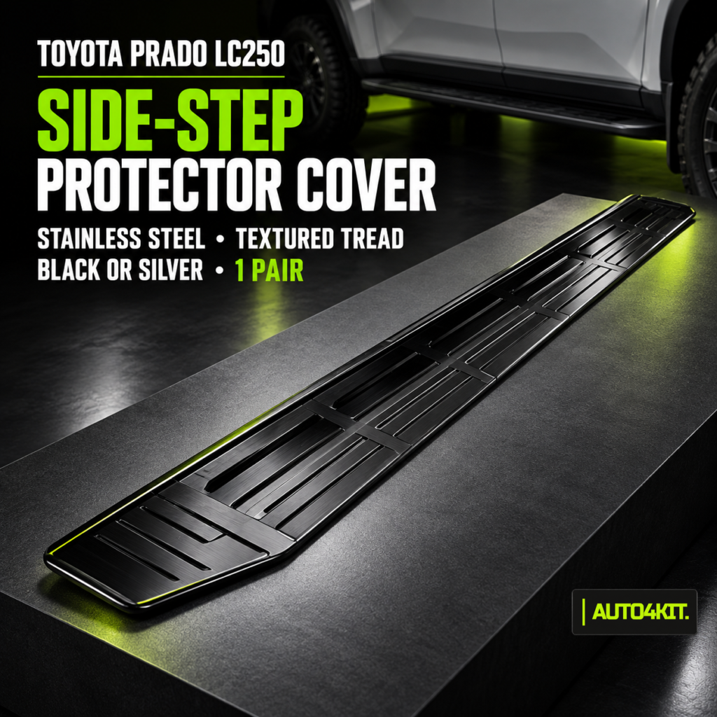 Overview of the Toyota Prado LC250 side-step protector covers, with black and silver finish options.