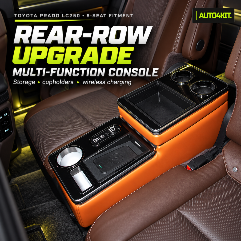 Orange multi-function storage console installed in the rear cabin of a six-seat Toyota Prado LC250