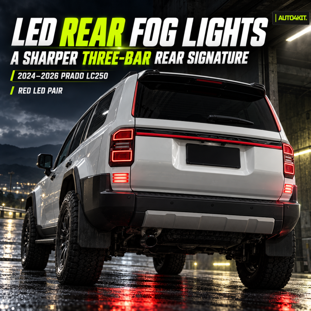 Toyota Prado LC250 rear bumper fog lamps and sequential mirror signal lamps for model years 2024–2026.