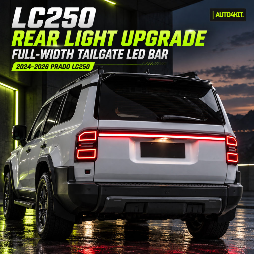 Toyota Prado LC250 rear view with a full-width tailgate LED light bar glowing red.