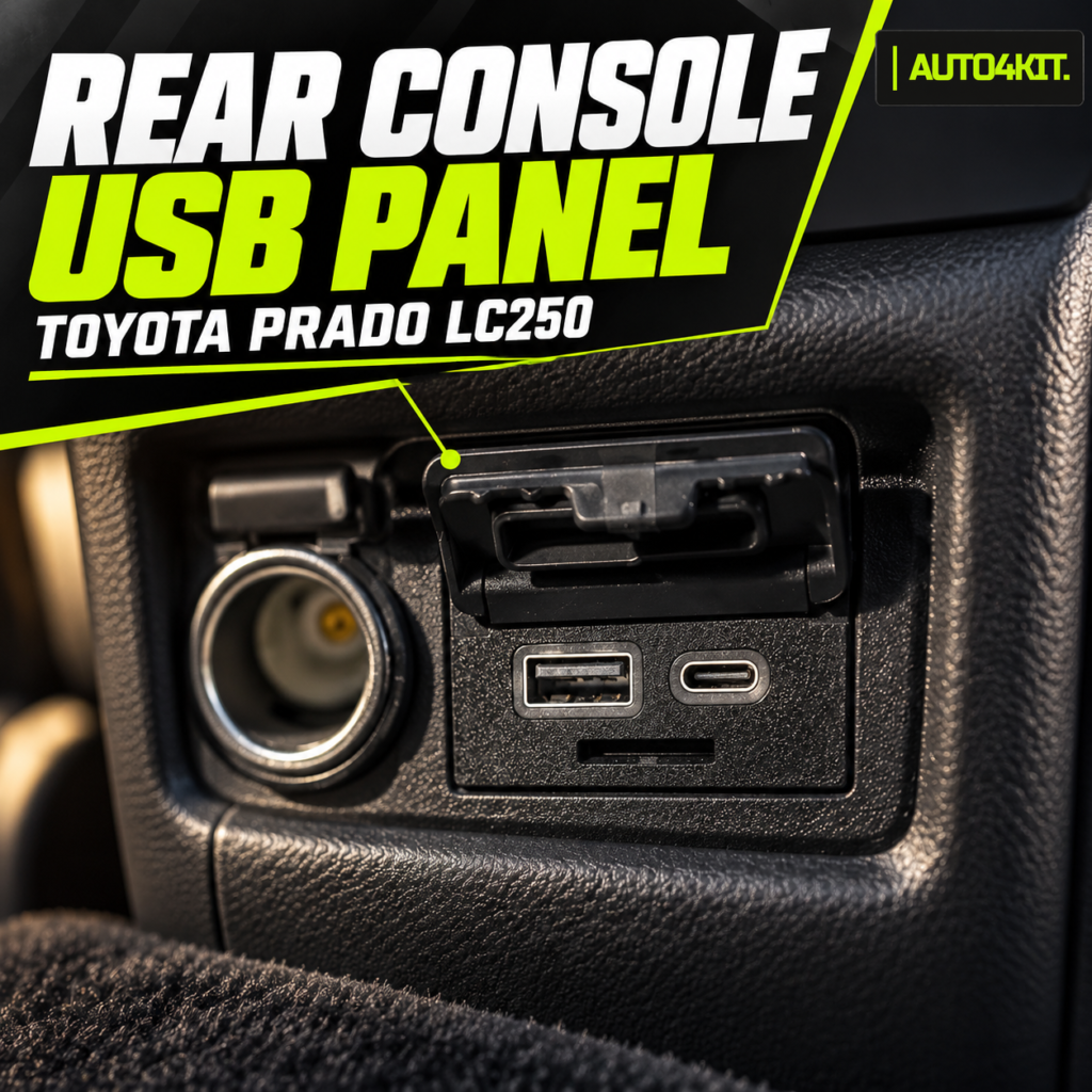 Matte-black rear-console USB panel for Toyota Prado LC250, shown with its hinged cover and dual ports.