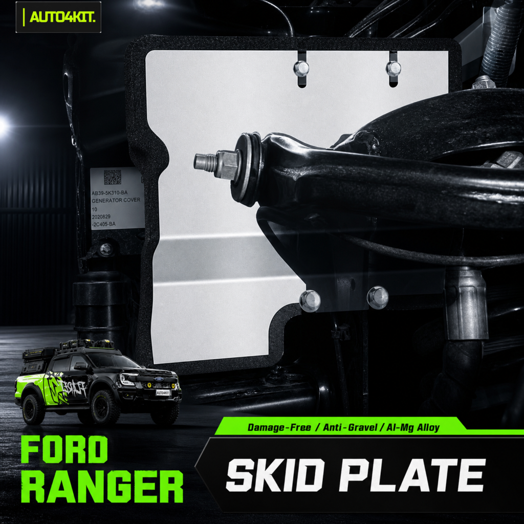 Auto4Kit-branded generator skid plate shown with a Ford Ranger for gasoline-version fitment.