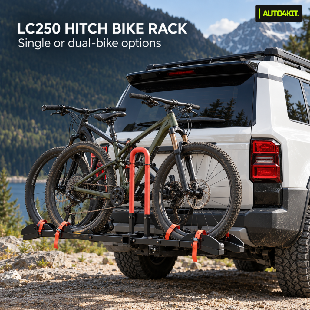 Auto4Kit-branded rear tow-hitch bike rack carrying two bicycles on a Toyota Prado LC250, with single- and dual-bike options.