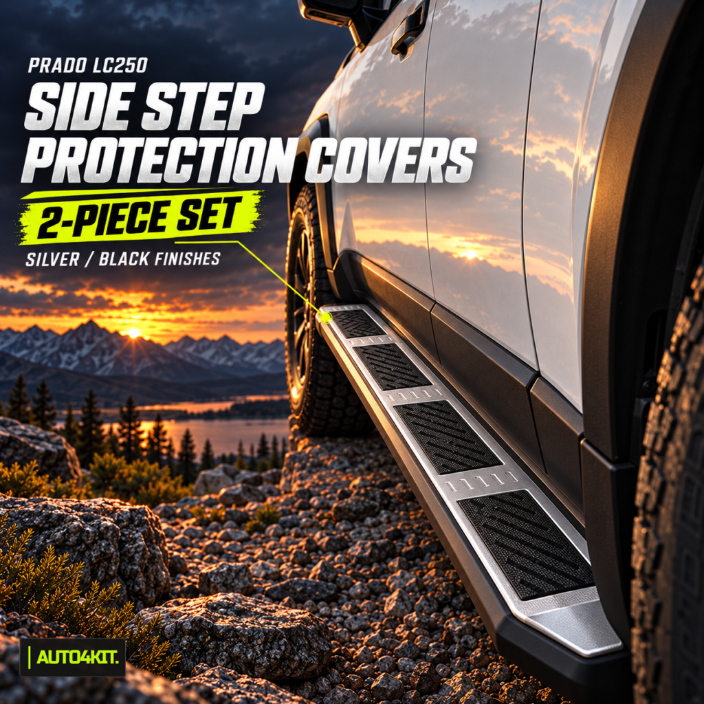 Toyota Prado LC250 side step protection covers shown on a vehicle running board.