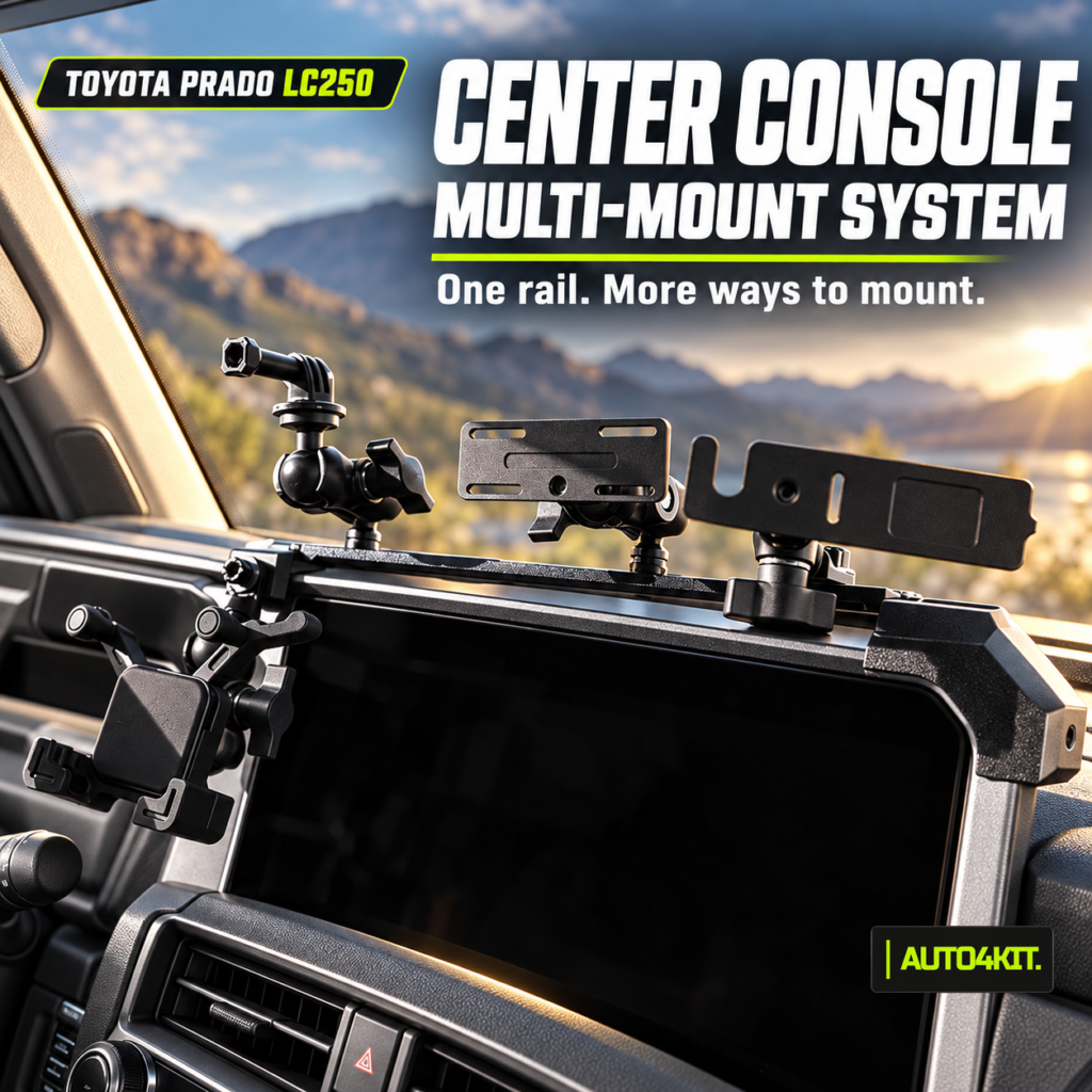Center console multi-mount system shown on a Toyota Prado LC250 dashboard, with the rail and device mounting positions.