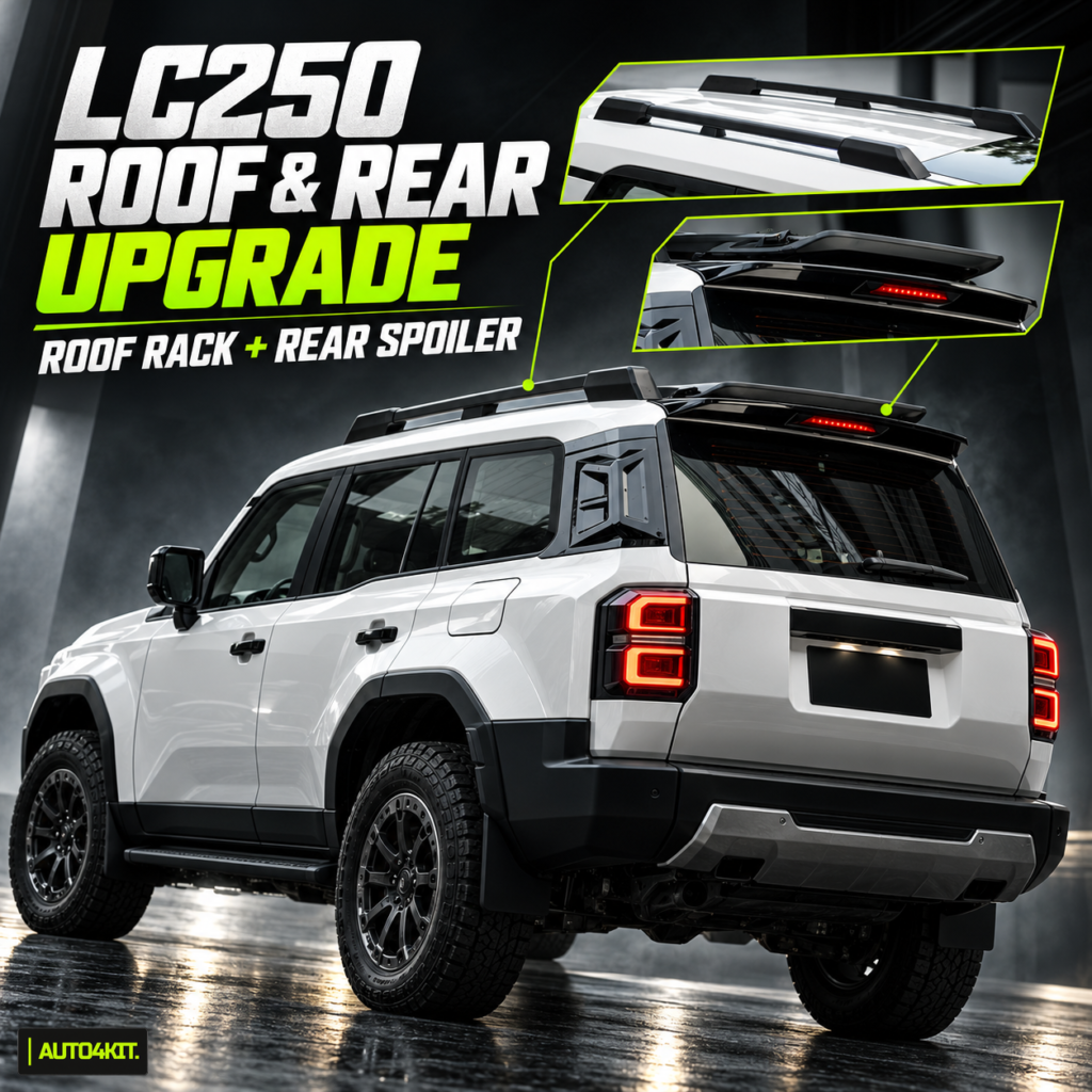 Toyota Prado LC250 shown with a roof rack and rear spoiler upgrade.