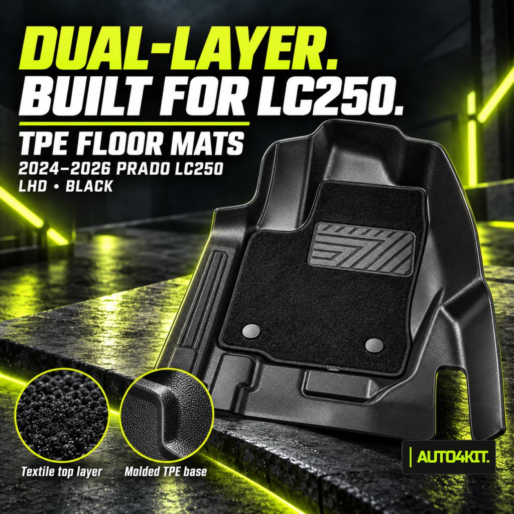 Black dual-layer TPE floor mat set for the left-hand-drive Toyota Prado LC250, 2024–2026.