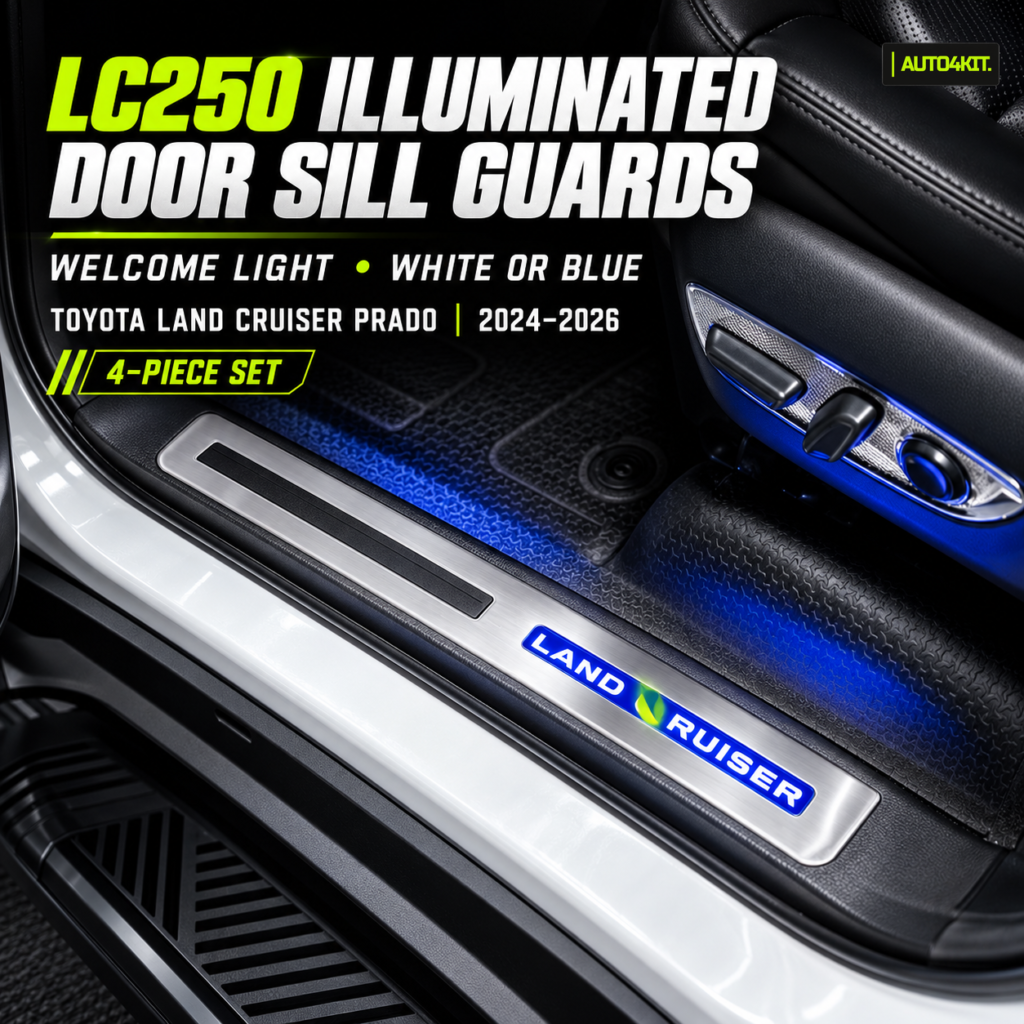 Toyota Prado LC250 illuminated door sill guard at an open door, showing blue welcome lighting and a brushed metal-look insert with LAND CRUISER lettering.