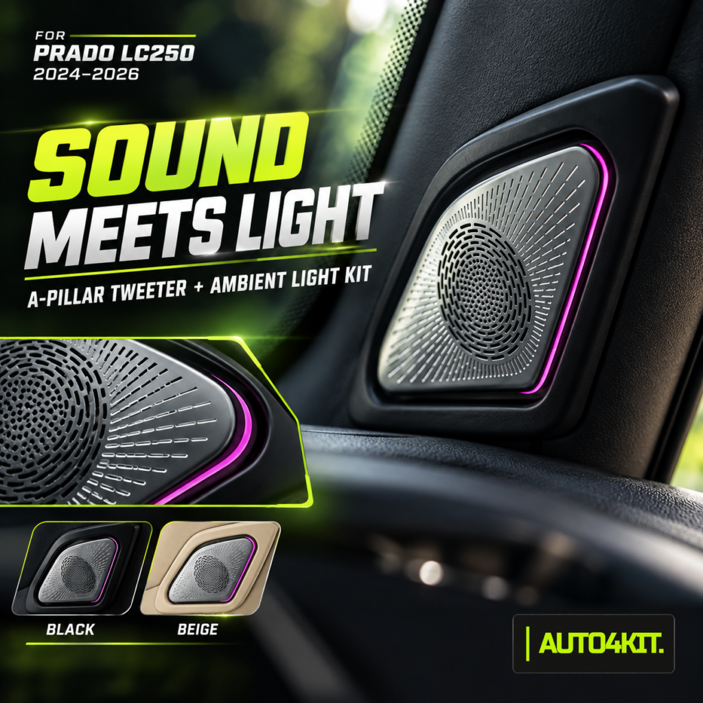 Toyota Prado LC250 A-pillar tweeter and ambient-light replacement trim shown in the 2024–2026 cabin.