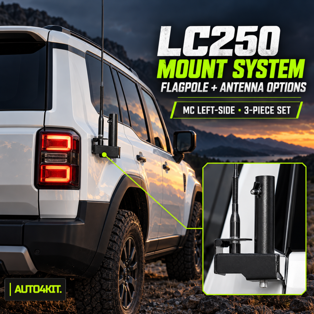 Toyota Prado LC250 flagpole and antenna mount range, illustrated with the MC left-side set