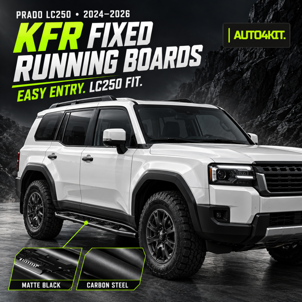 Toyota Prado LC250 fitted with KFR matte-black fixed running boards, 2024–2026.