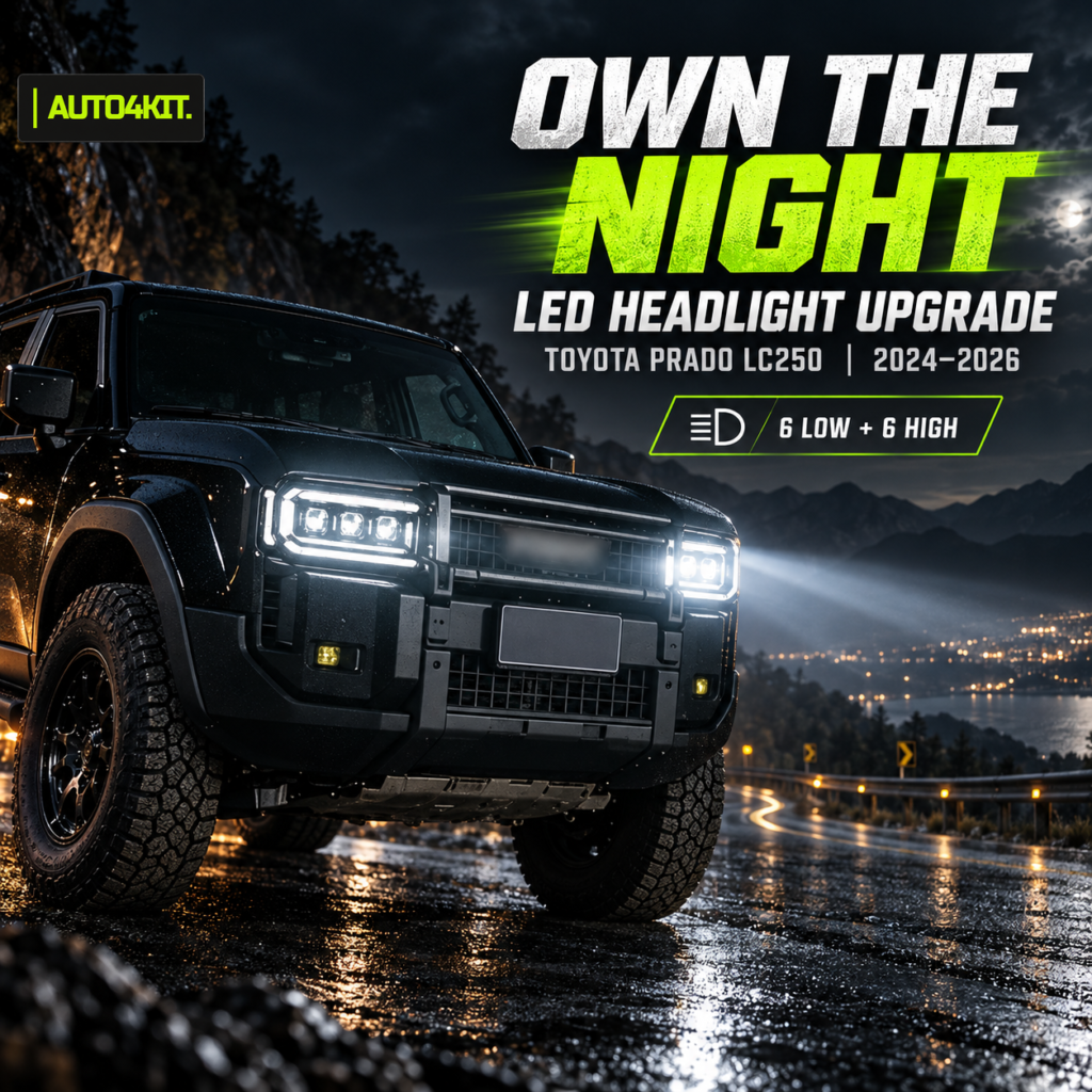 Toyota Prado LC250 front with LED headlight upgrade at night