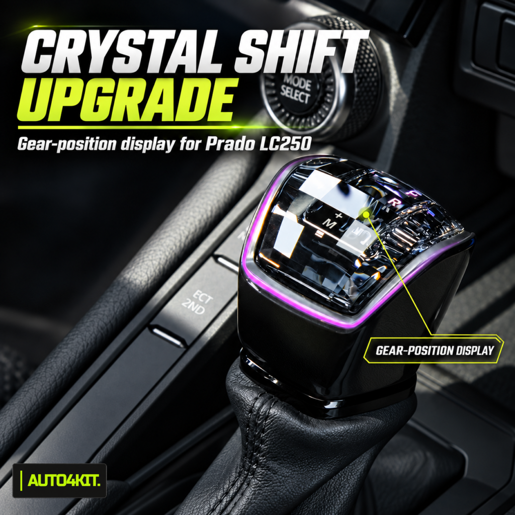 Crystal gear selector knob and cover choices for the Toyota Prado LC250, including position-display, lighted and plain styles.