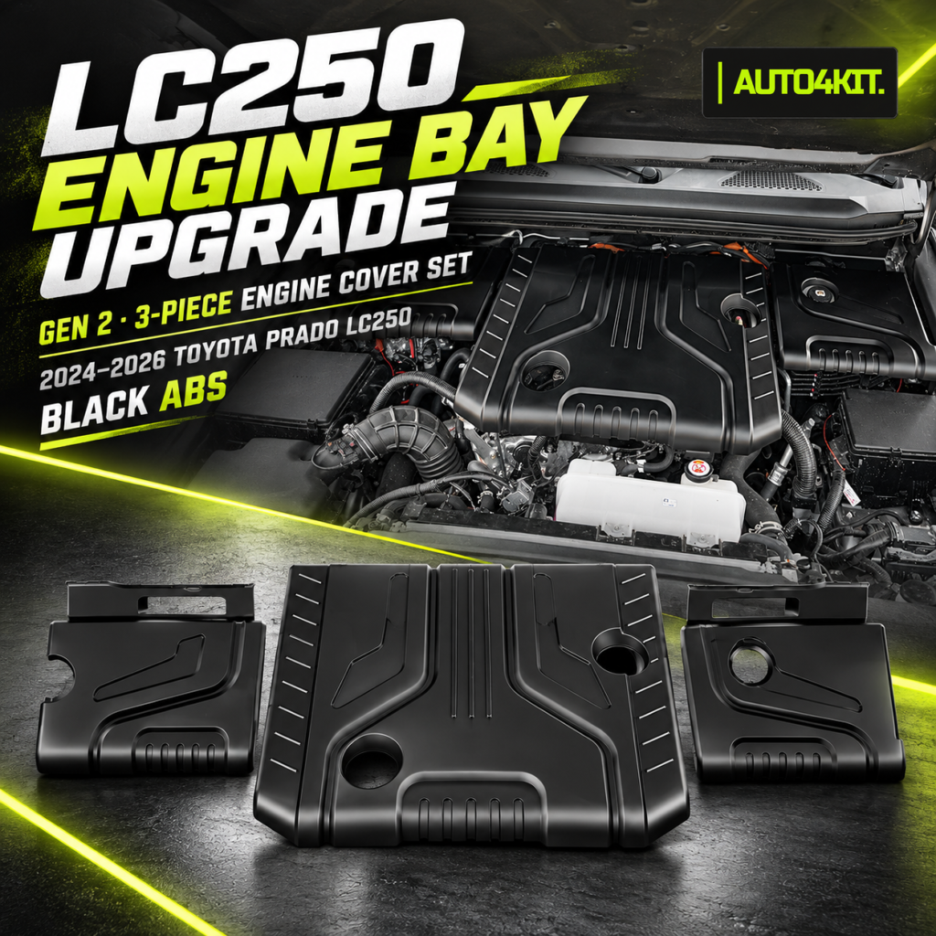 Gen 2 three-piece black ABS engine bay cover set for the 2024–2026 Toyota Prado LC250, with a center panel and two side panels.