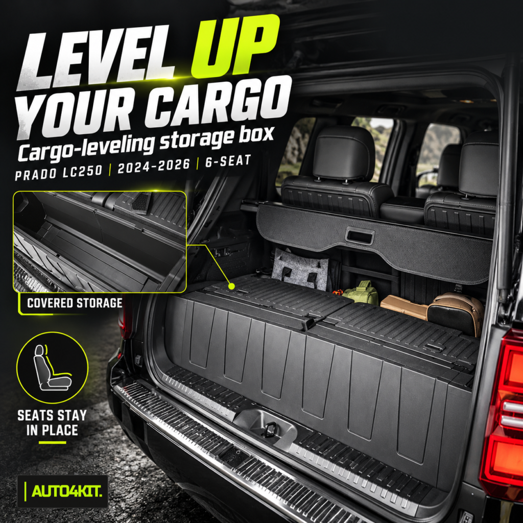 Six-seat Toyota Prado LC250 with a covered cargo-leveling storage box and original seats in place.