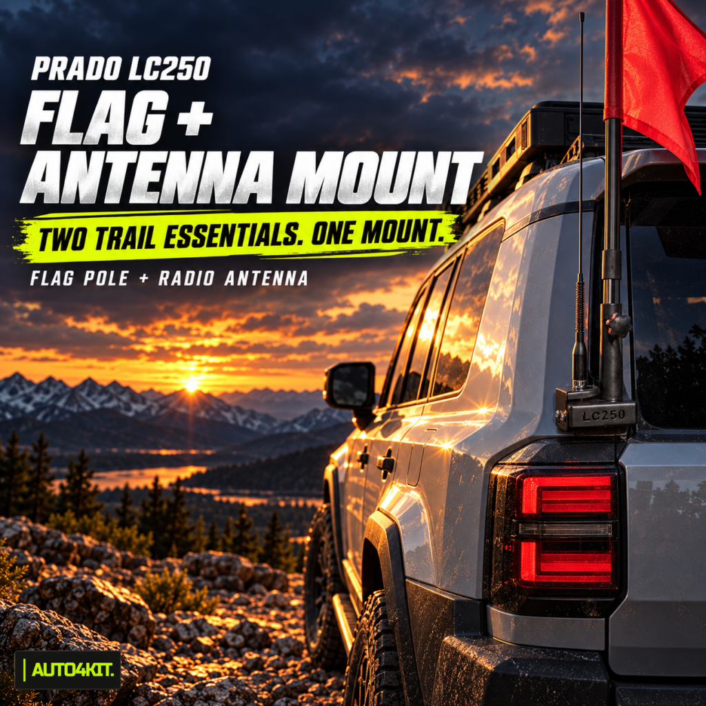 Illustrative Toyota Prado LC250 rear flagpole and antenna mount arrangement.
