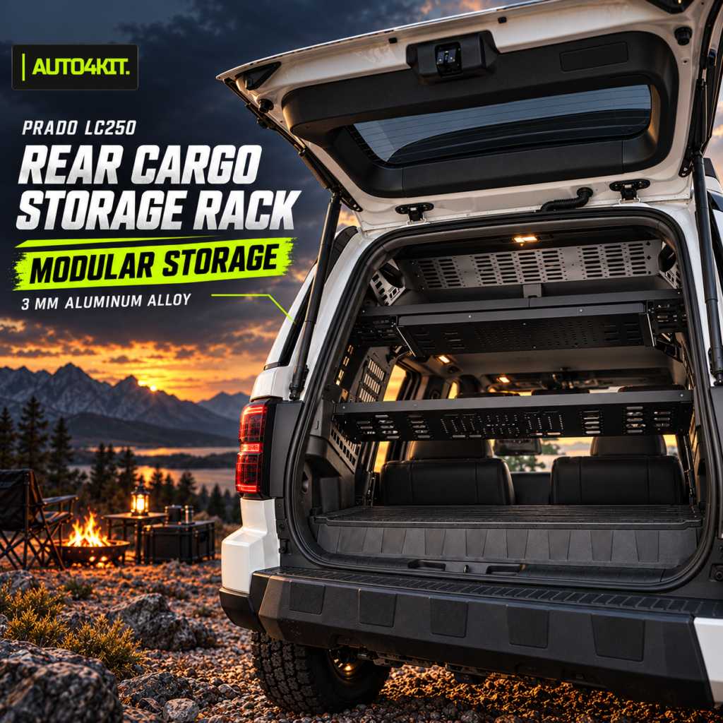 Toyota Prado LC250 rear cargo storage rack system shown in the main product view.