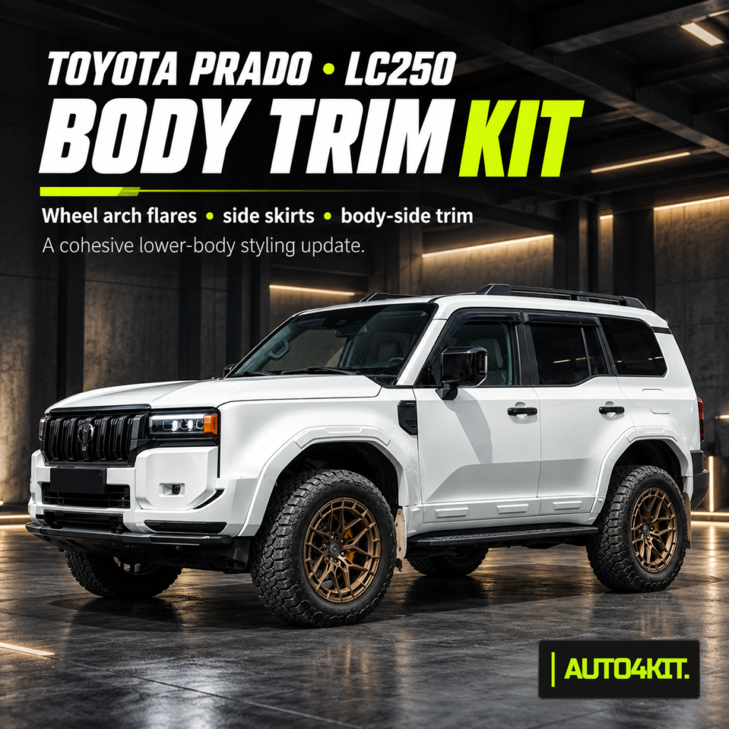 Toyota Prado LC250 with wheel arch flares, side skirts and body-side trim.