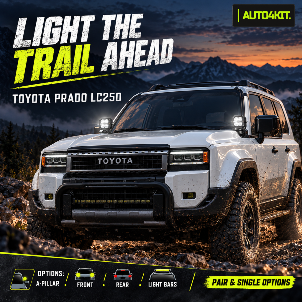 Toyota Prado LC250 shown with auxiliary lighting options at the A-pillar, front bumper and light-bar positions.