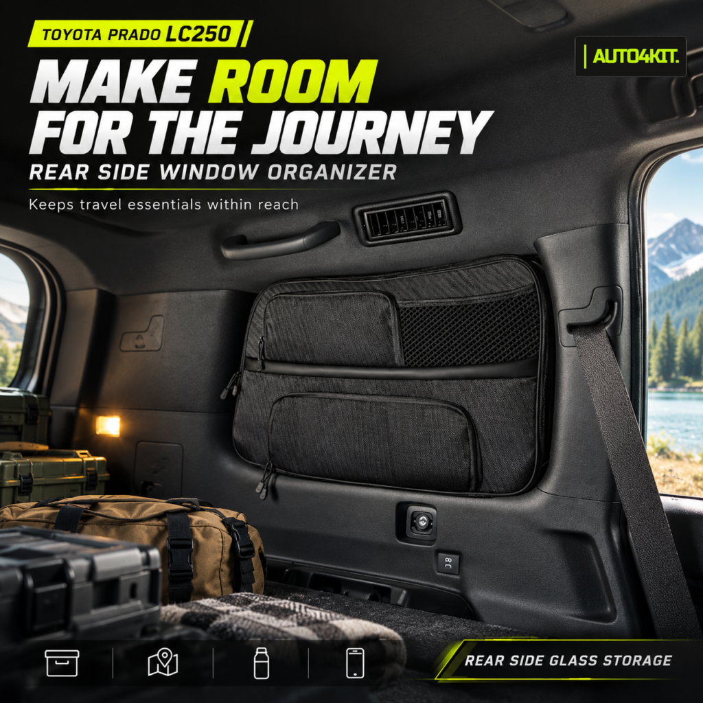 Toyota Prado LC250 rear side window storage organizer for travel equipment.