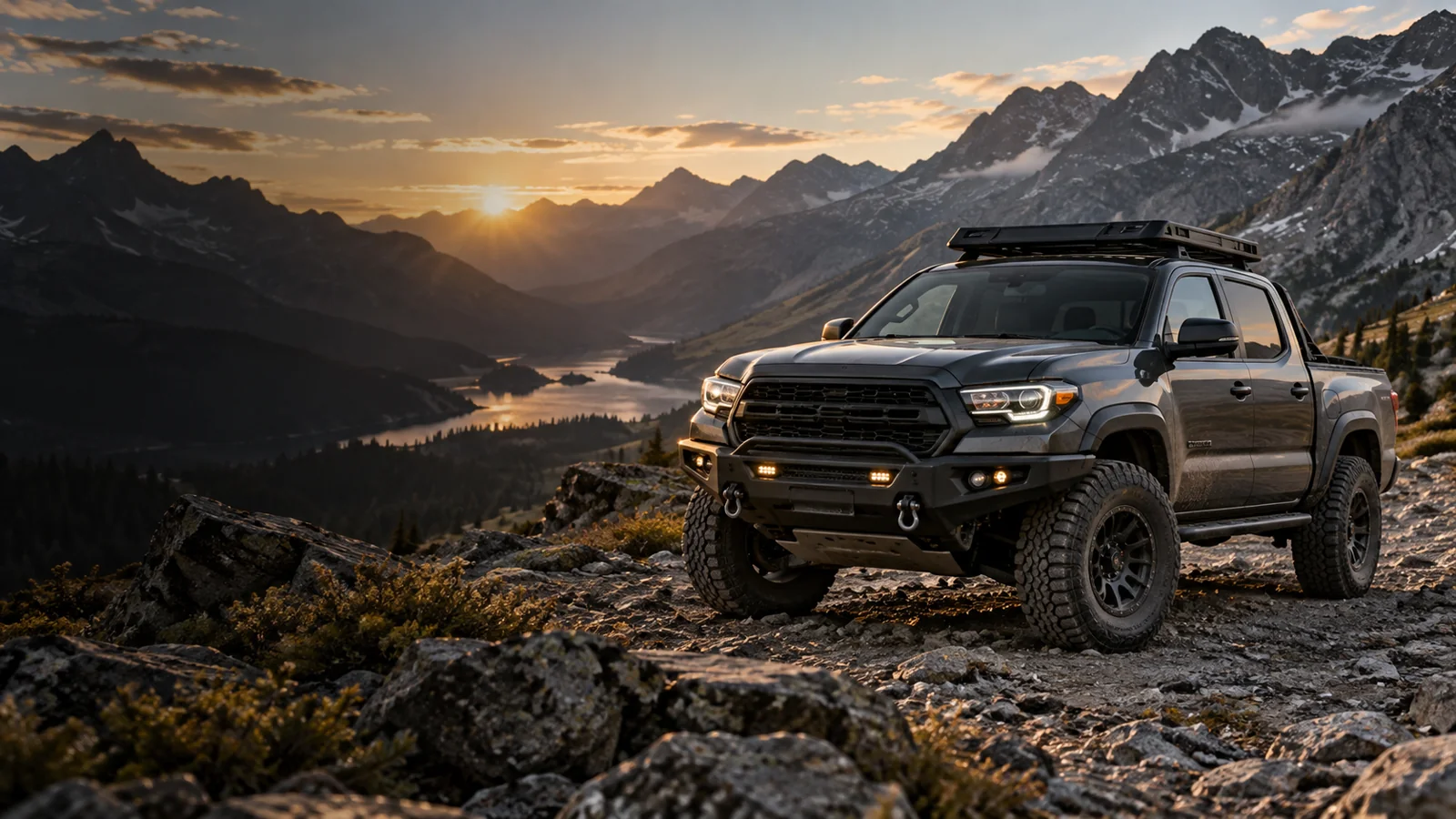 Off-road pickup with bumper, lighting and cargo accessories on a mountain trail
