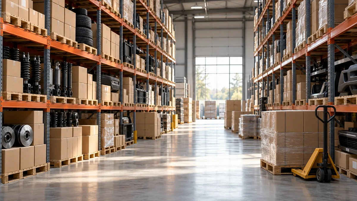 Automotive accessories stored in an organized wholesale warehouse