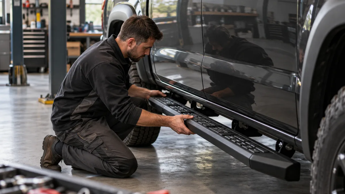Technician fitting a side step to a pickup truck
