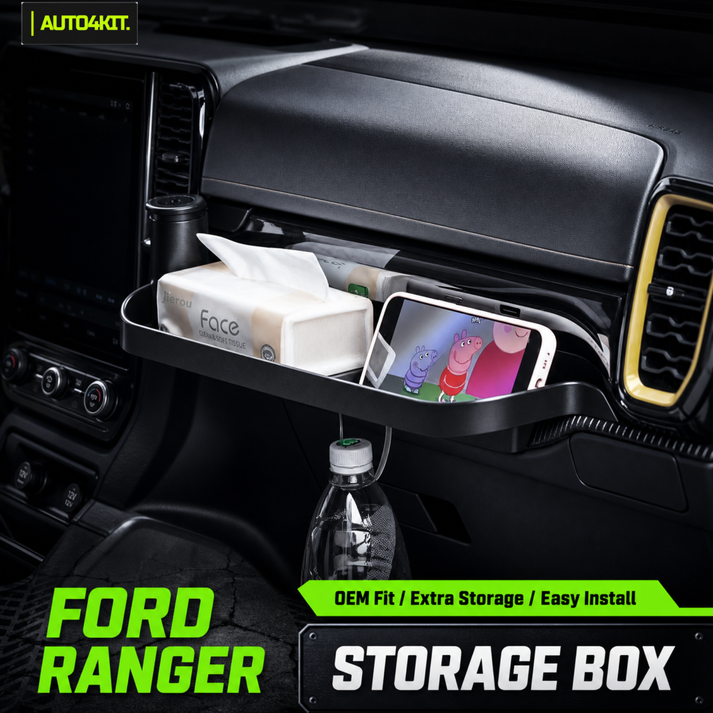 Passenger-side cup holder and storage organizer shown in a Ford Ranger cabin